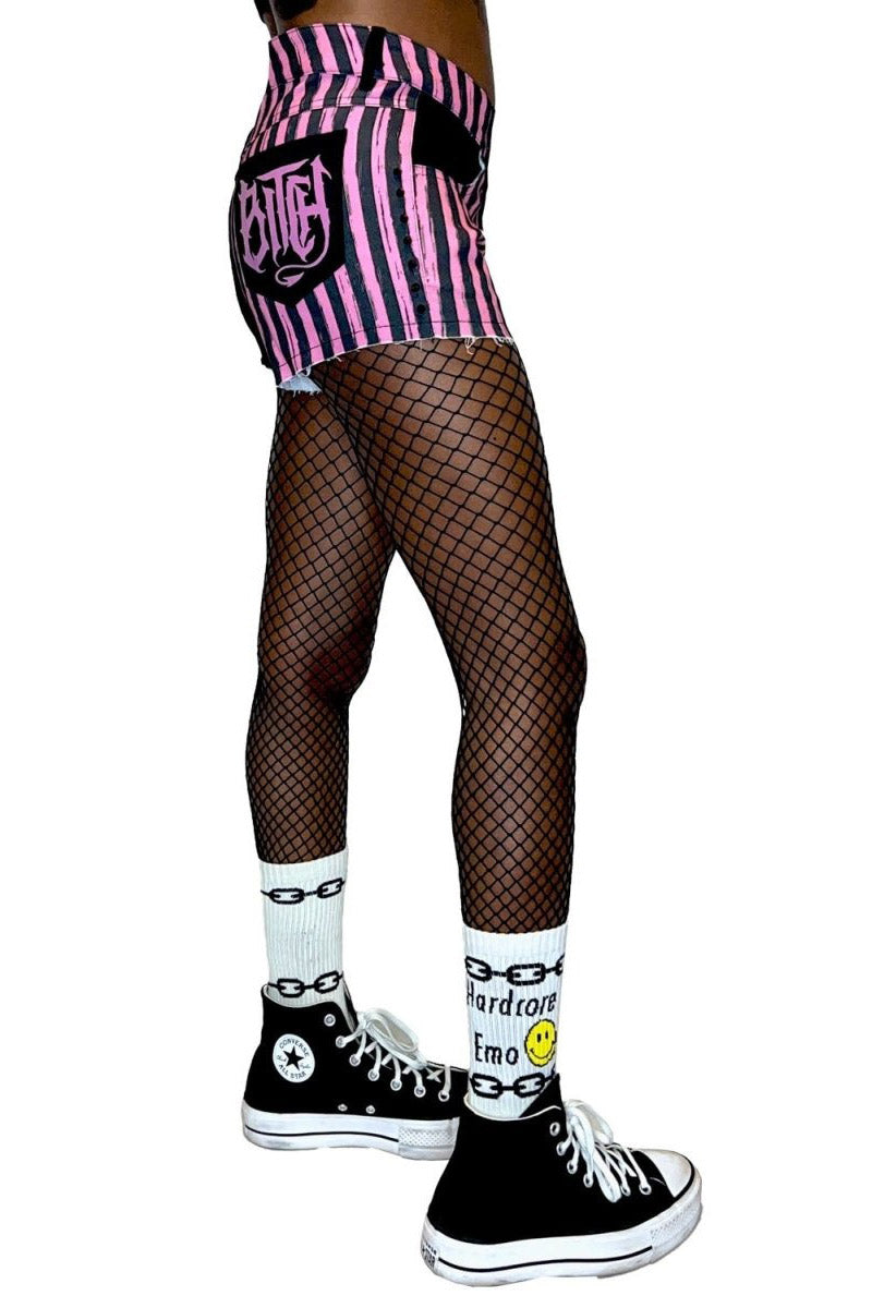 Pink Striped Witch Bitch Studded Stretch Denim Shorts