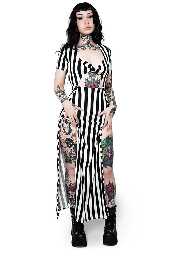 black and white striped gothic dress