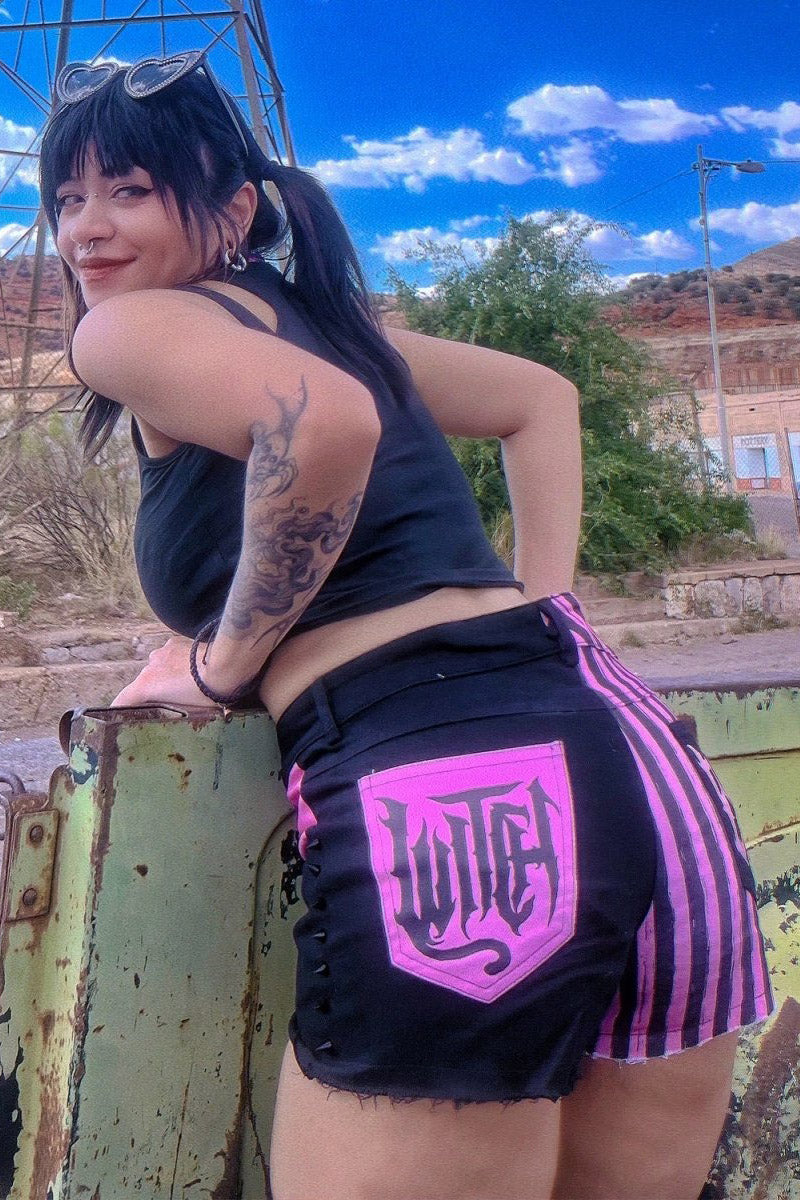 Pink Striped Witch Bitch Studded Stretch Denim Shorts