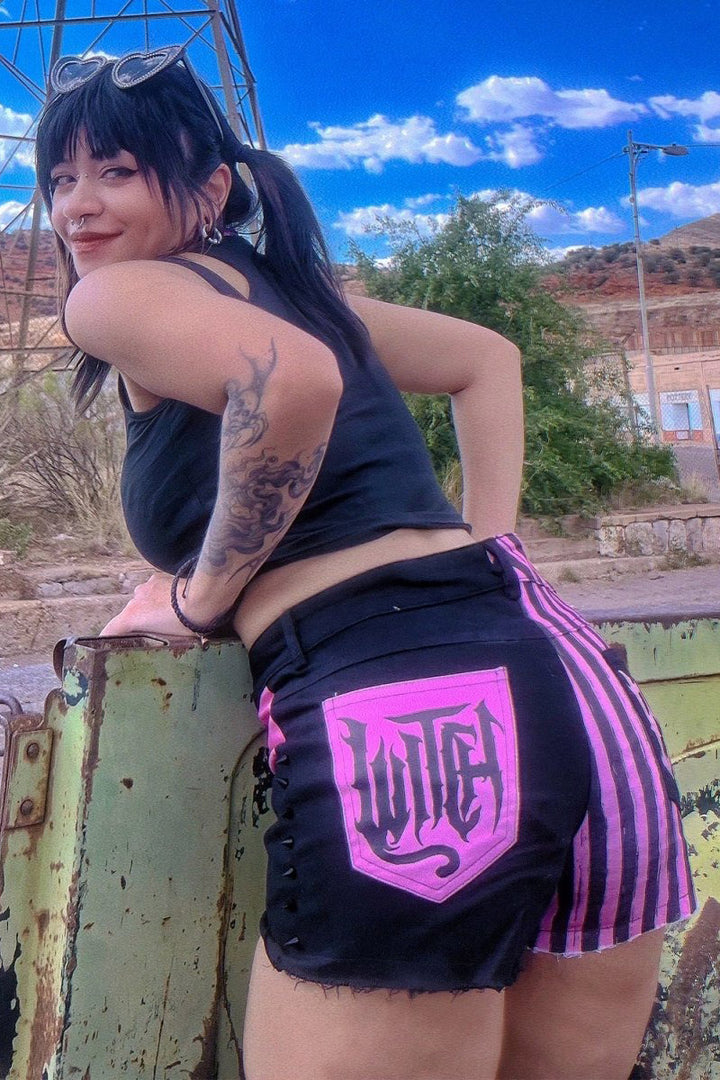 Pink Striped Witch Bitch Studded Stretch Denim Shorts