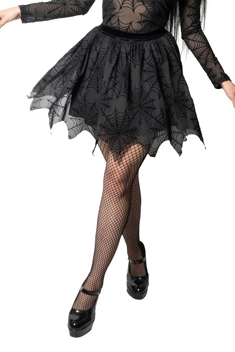 flocked velvet and mesh cobweb halloween skirt