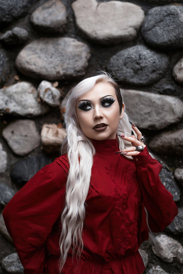 deep rich red pleated gothic long sleeve ruffle blouse