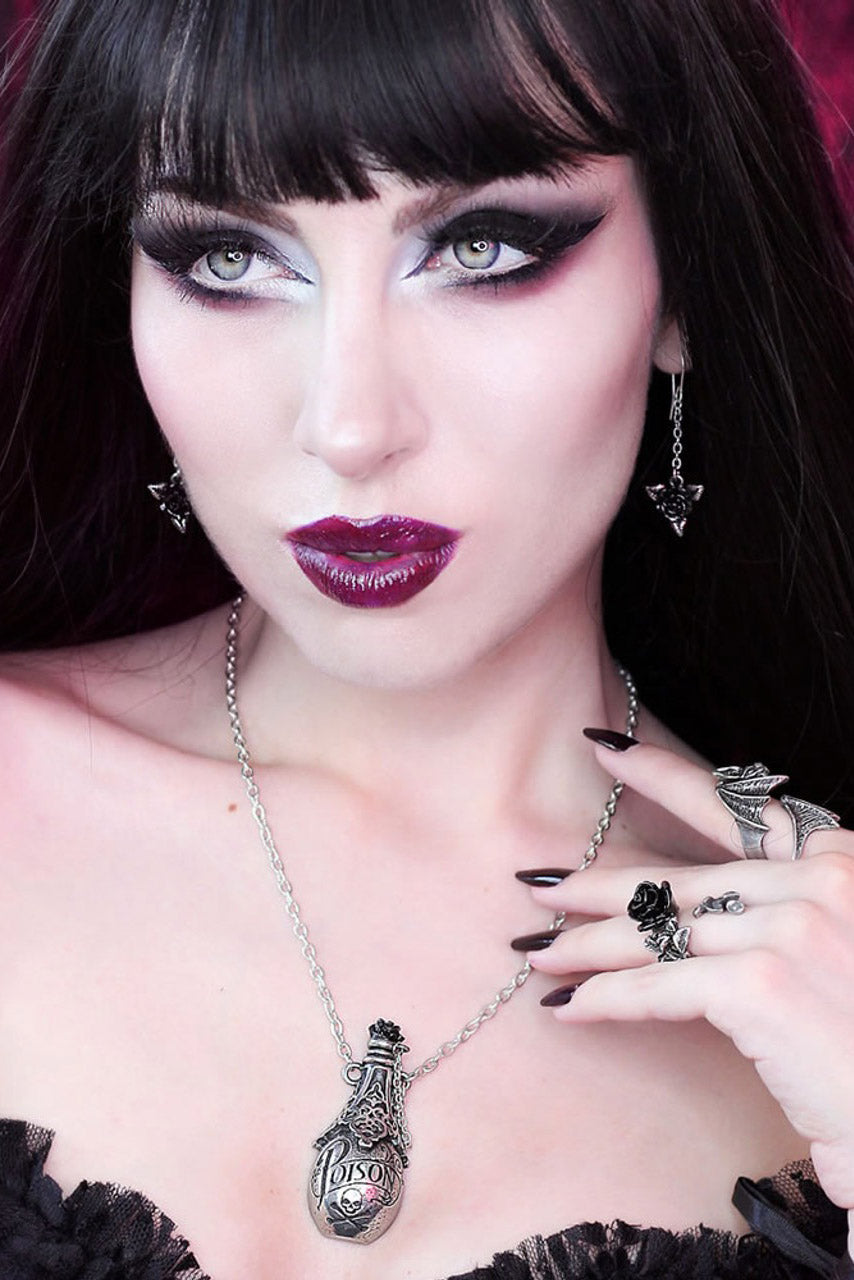 gothic silver necklace with black enamel rose