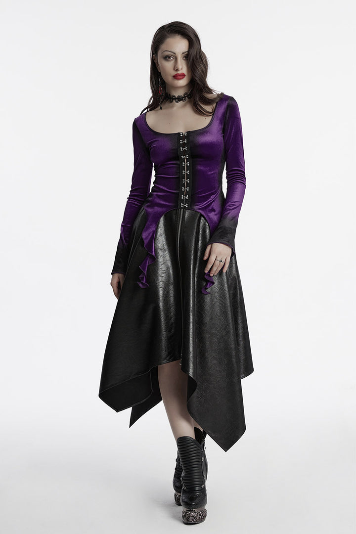 black and purple velvet long sleeve witchy top