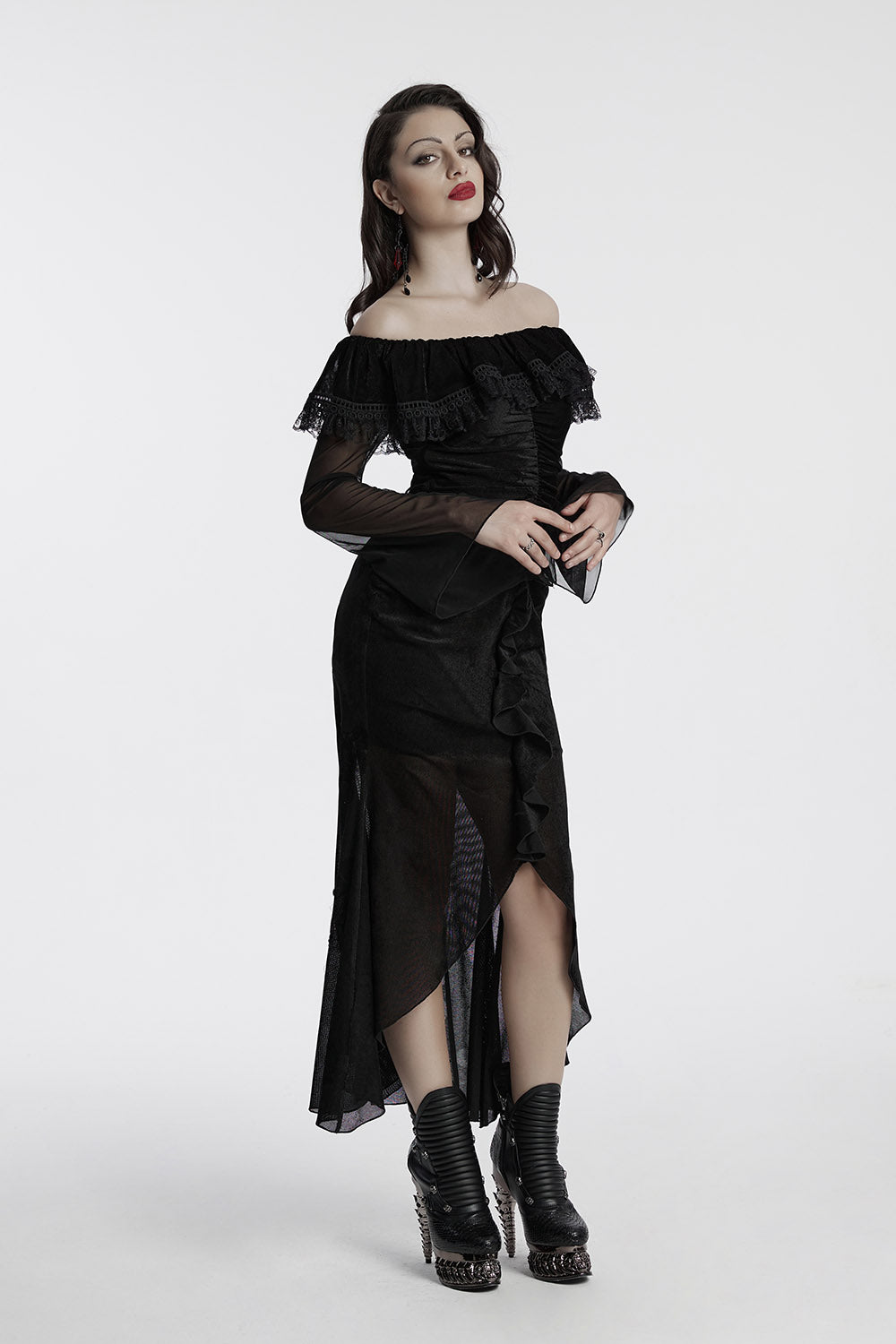 ruffled mesh long black dress