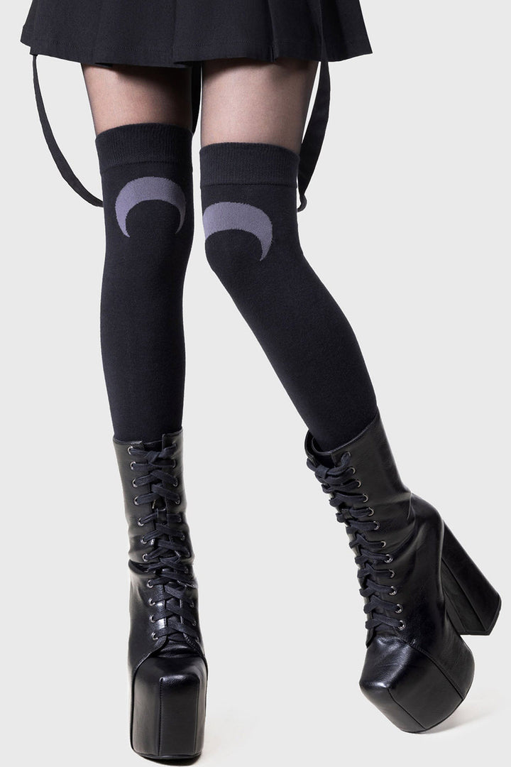 over the knee crescent moon knitted socks