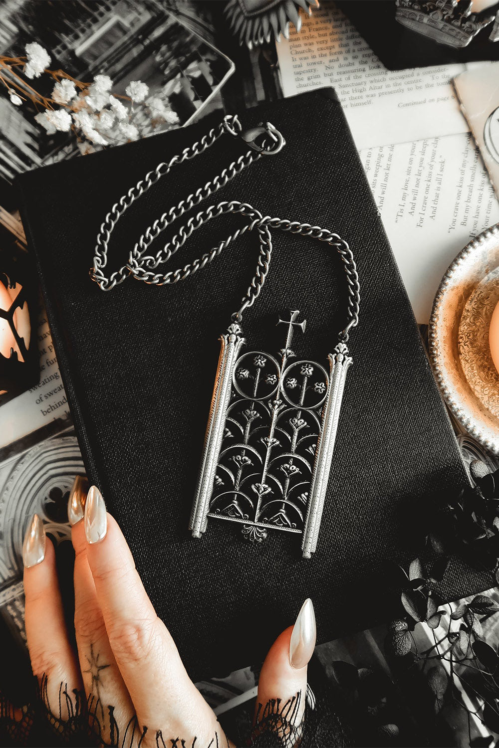 metal long gothic cathedral necklace with antique finish