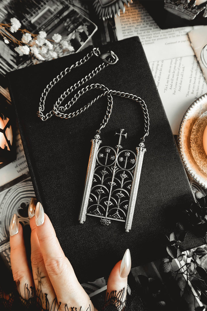 metal long gothic cathedral necklace with antique finish