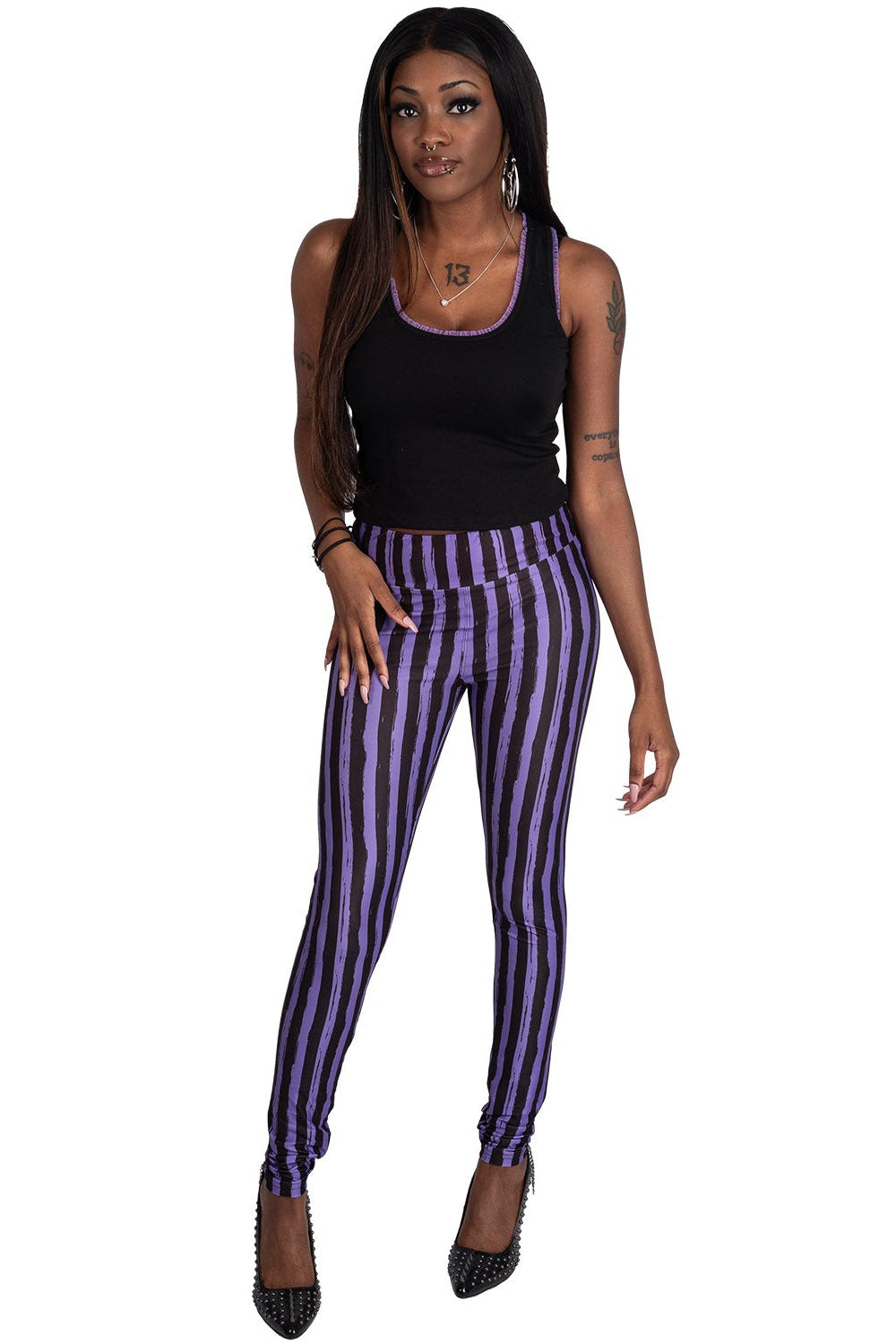 womens distressed purple and black striped leggings by too fast