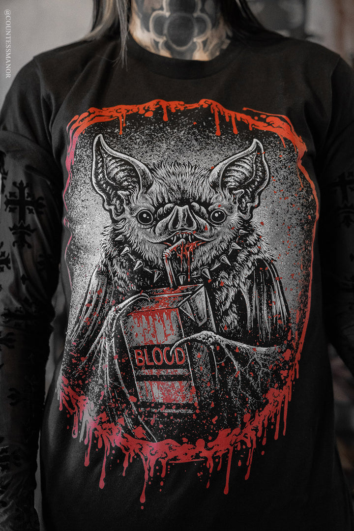 goth graphic shirt of bat drinking juice box of blood