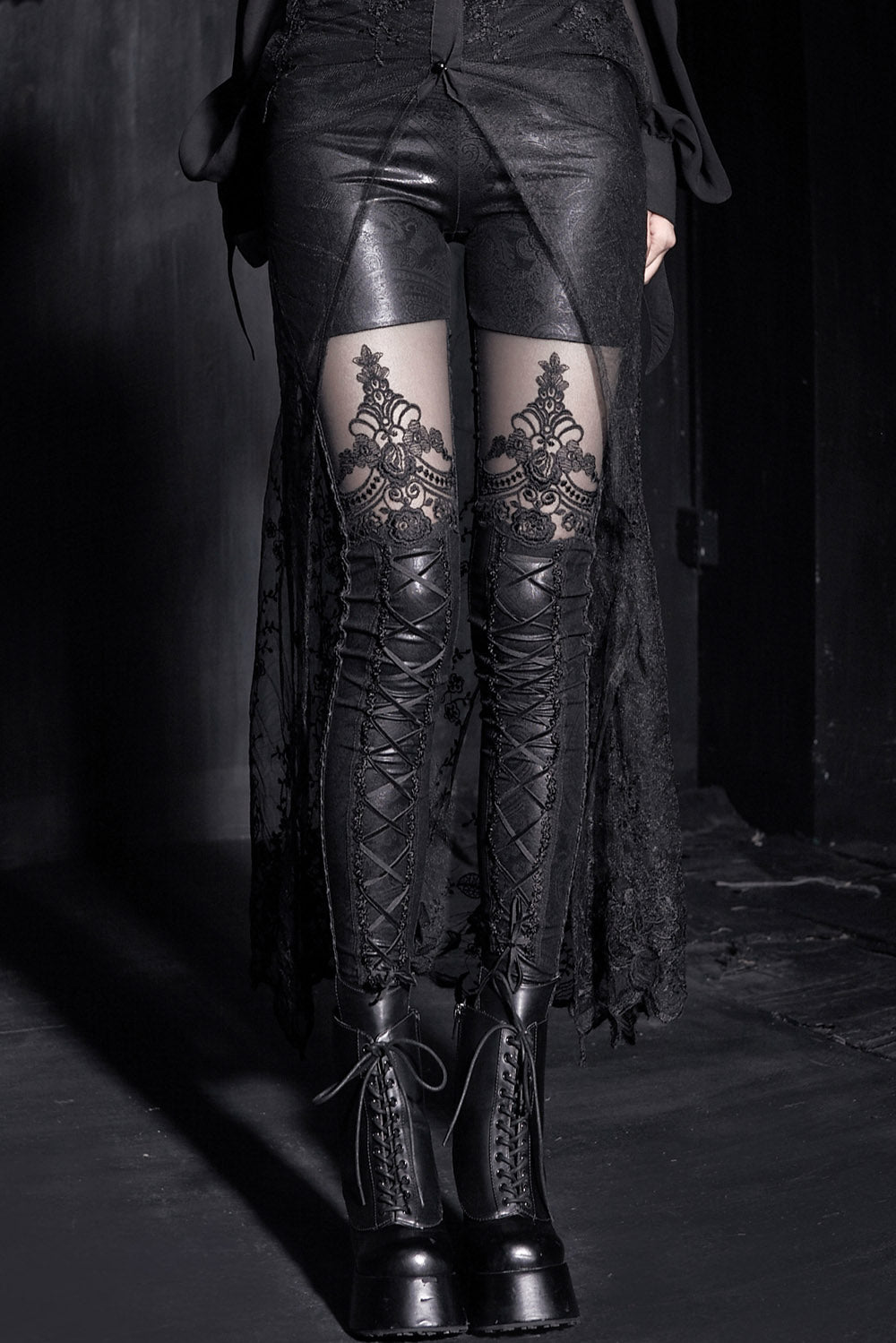 Gothic Women's Lace Leggings With Criss-cross Straps