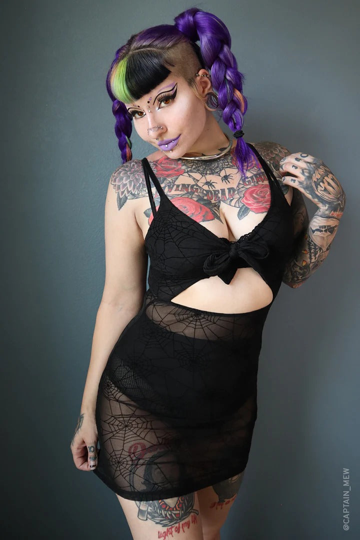 Spiderweb Mesh Front Tie Dress