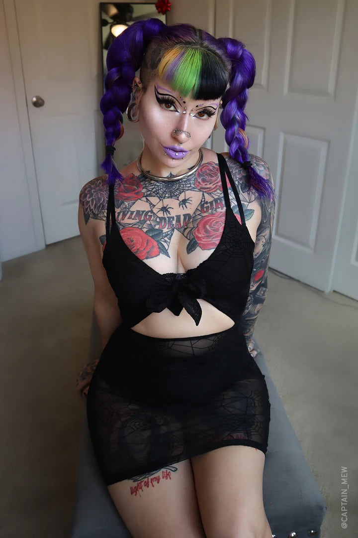 Spiderweb Mesh Front Tie Dress