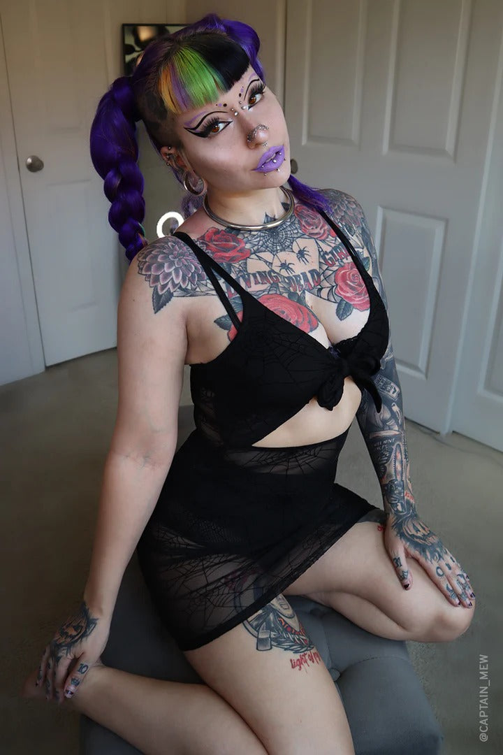 Spiderweb Mesh Front Tie Dress