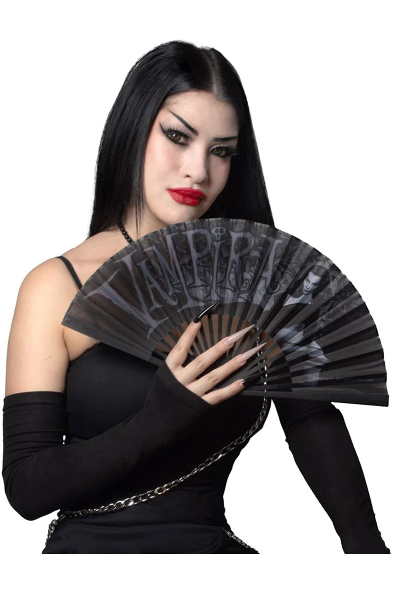 Abanico de tela con forma de ataúd de vampiro