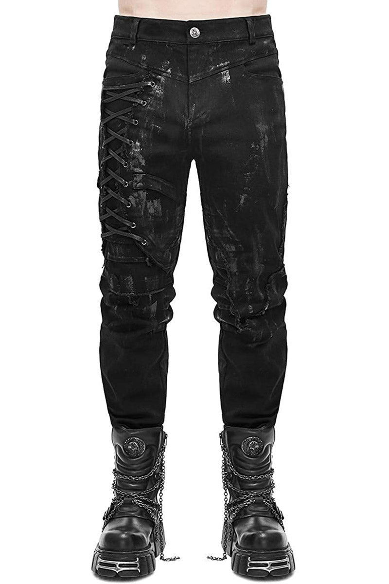 A pair of men's distressed black skinny jeans with lace-up and buckled details, featuring multiple pockets and a zipper fly.