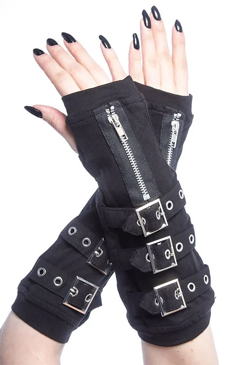 A pair of black gothic armwarmers with metal eyelets, buckles, and zippers. The armwarmers are fingerless with thumbholes and have adjustable buckles around the wrist area.
