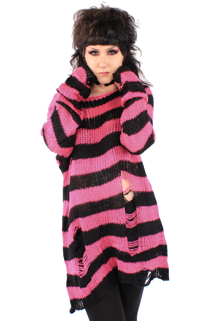 Hot Pink/Black Striped Distressed Sweater
