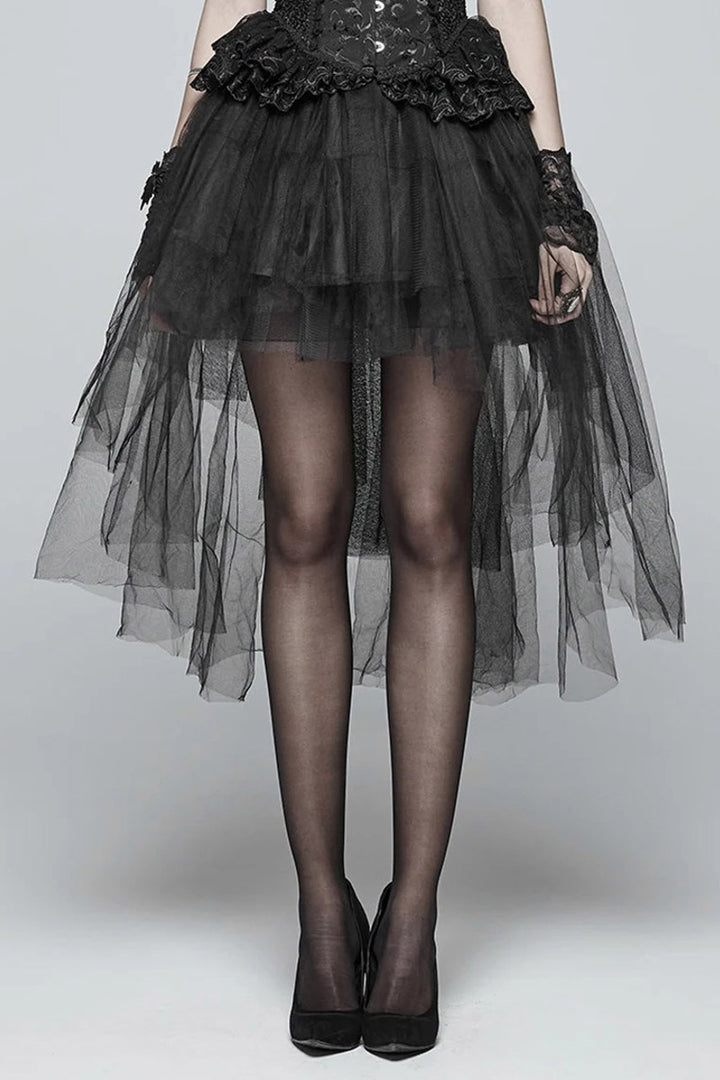 Black layered skirt with lace details on a plain background