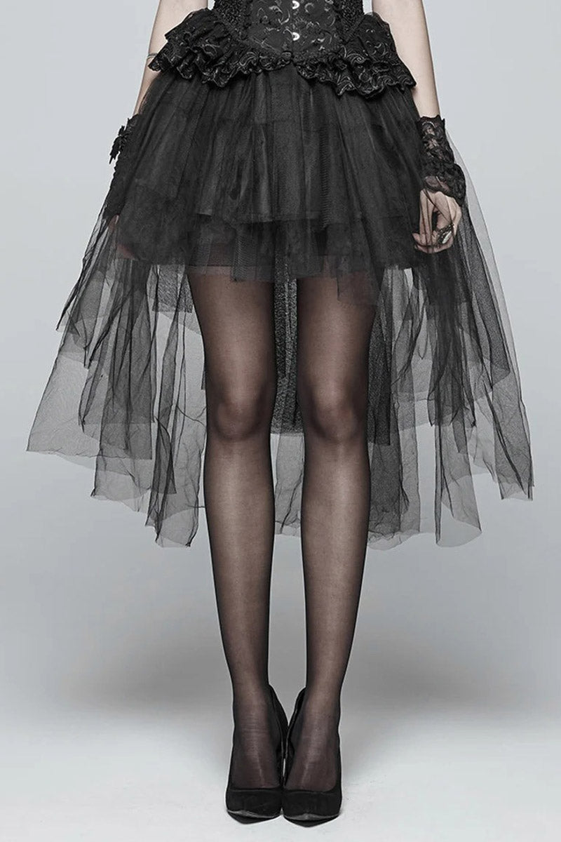 Black layered skirt with lace details on a plain background