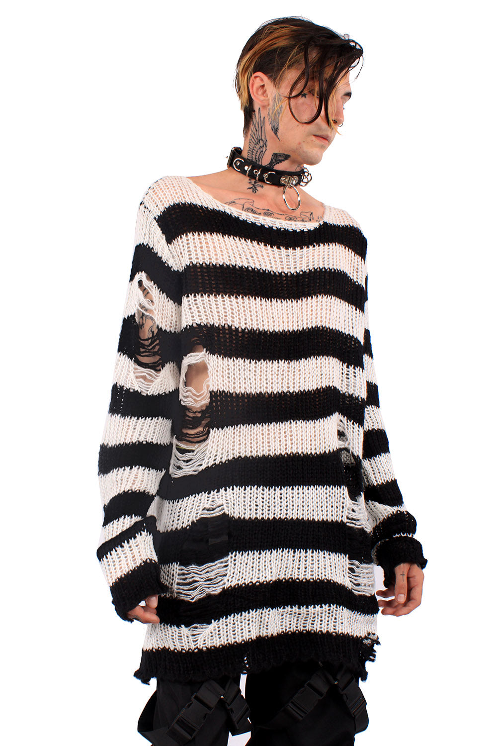 White/Black Striped Distressed Sweater – VampireFreaks