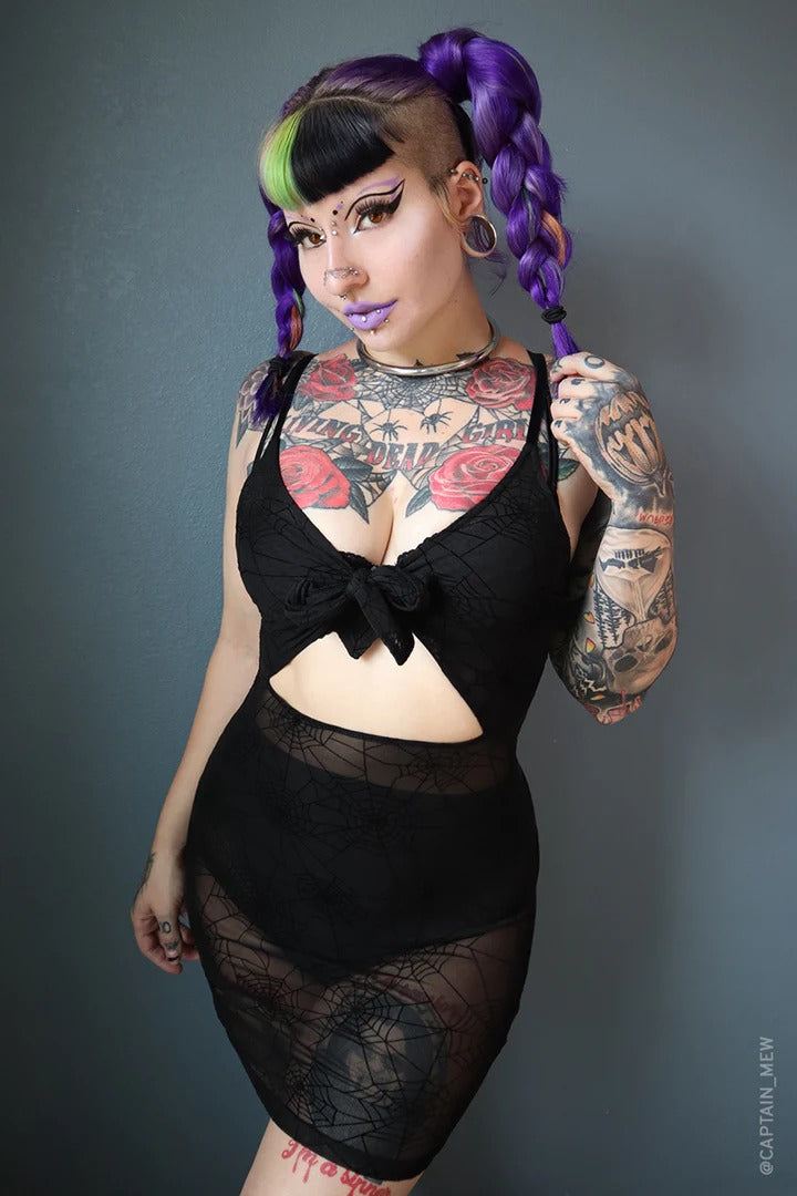 Spiderweb Mesh Front Tie Dress