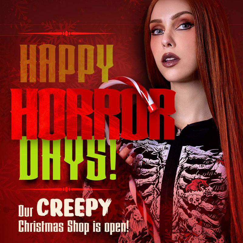 an image of a gothic woman wearing skeleton xmas hoodie and holding a candy cane 