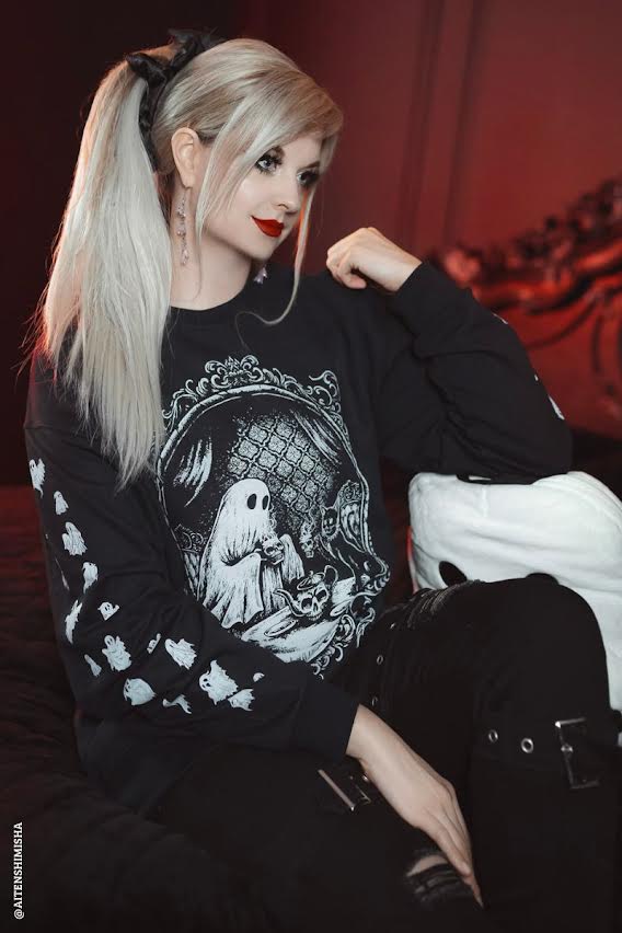 spooky ghost sweatshirt with ghost and black cat having tea graphic 