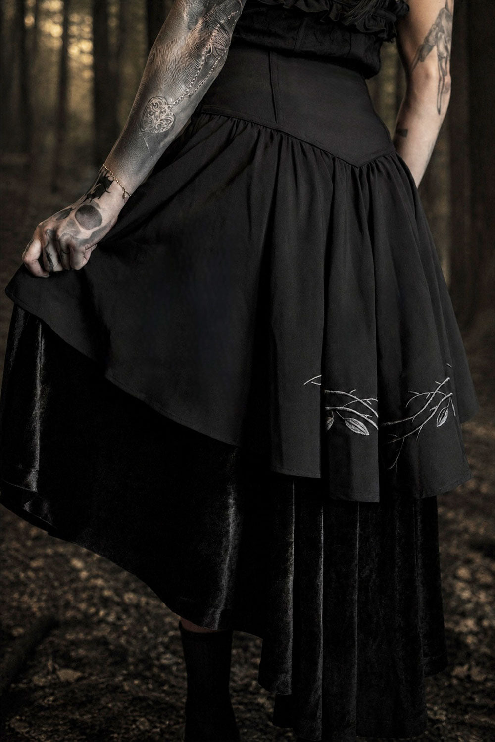 high-rise enchanting dark cottagecore high low hem velvet skirt with embroidered roses