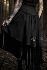 high-rise enchanting dark cottagecore high low hem velvet skirt with embroidered roses