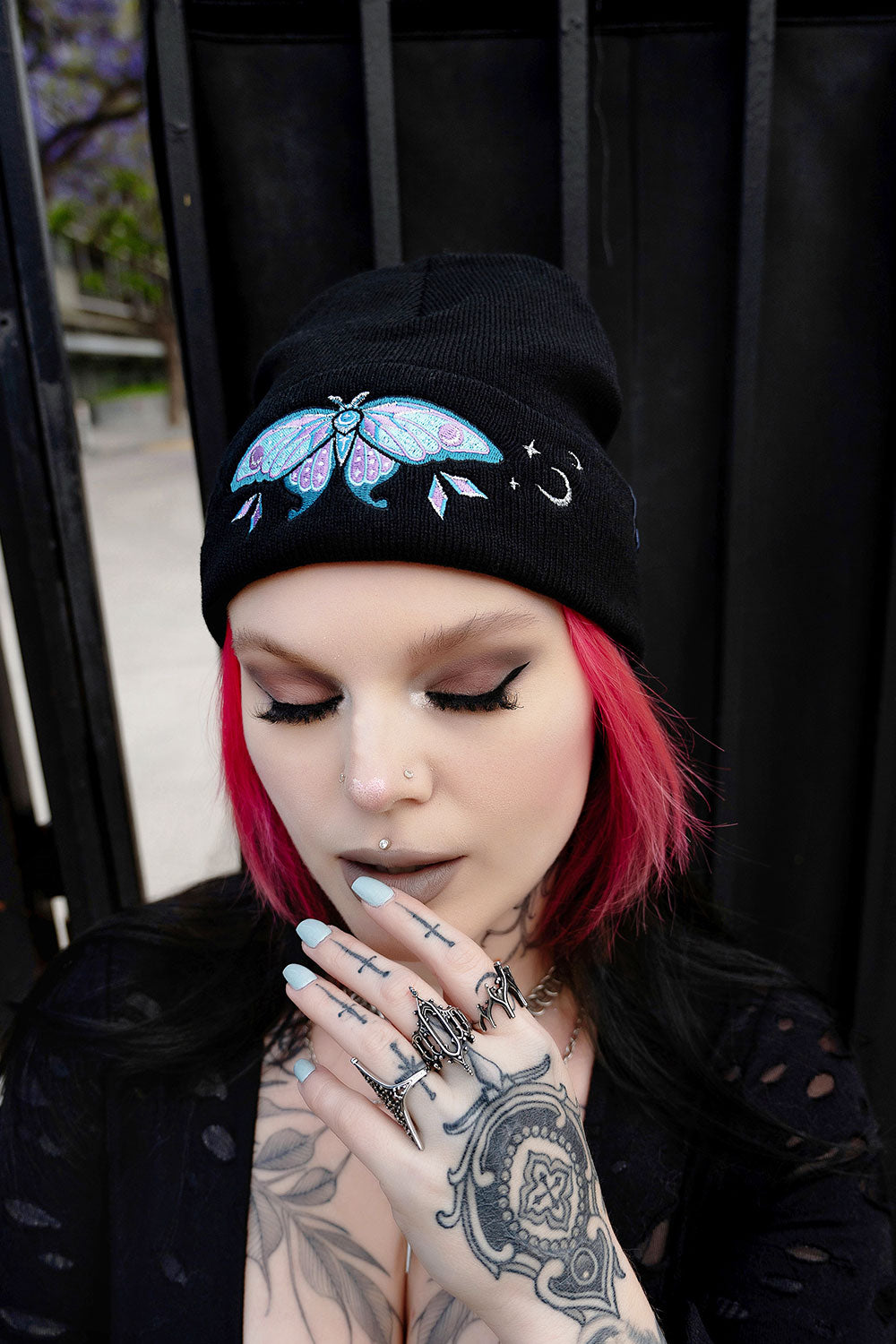 dark cottagecore pastel blue and purple dark fairy luna moth beanie