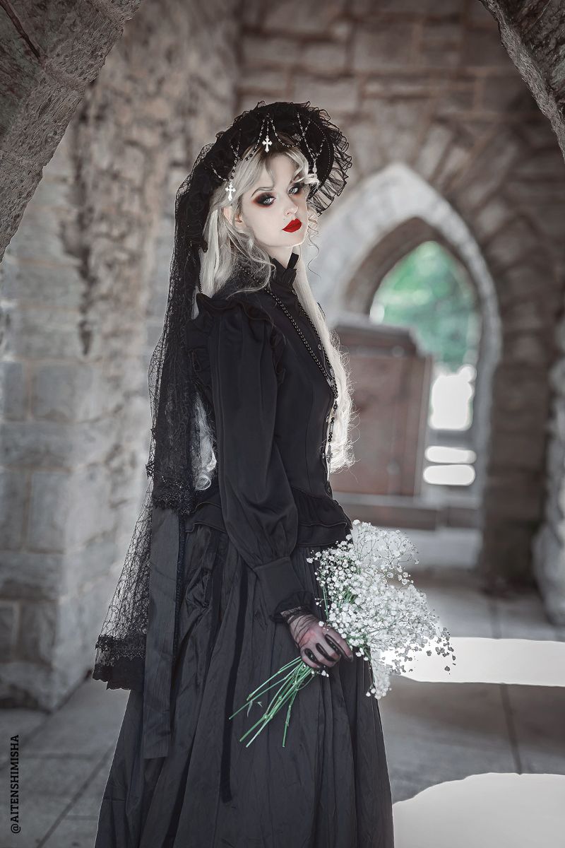 black chiffon romantic ruffled gothic long sleeve blouse