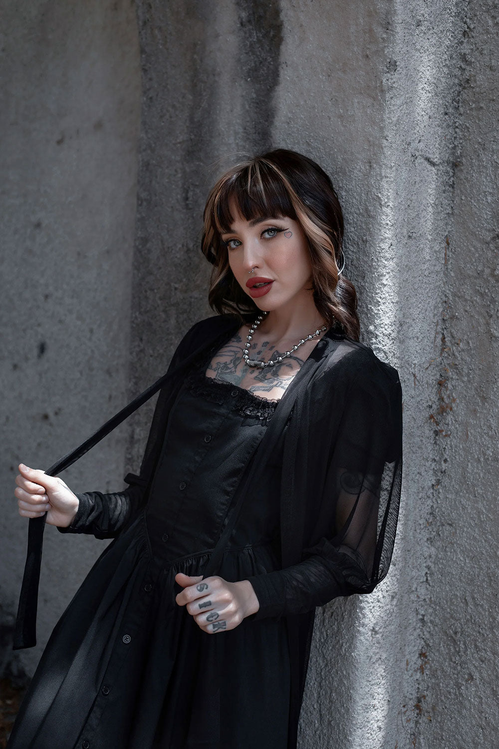 womens tie neck mesh black duster for layering