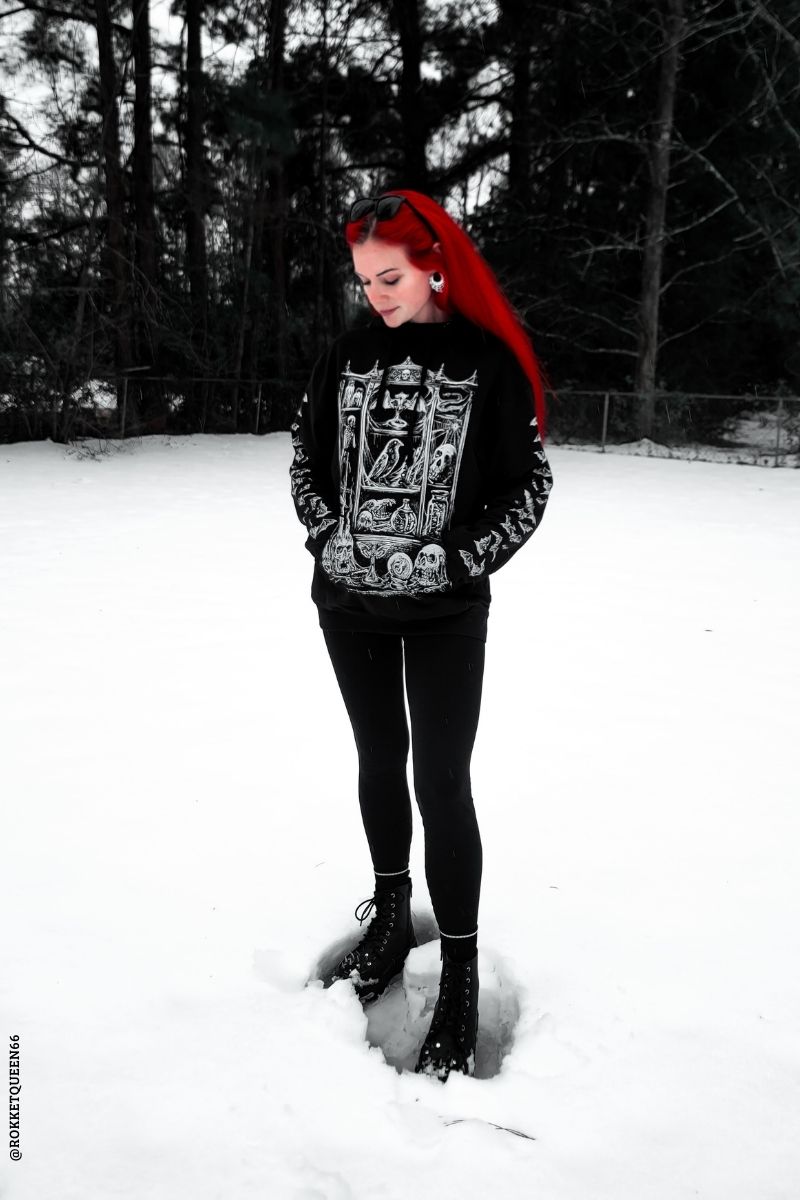 womens gothic cotton skull and raven and bat oddities hoodie