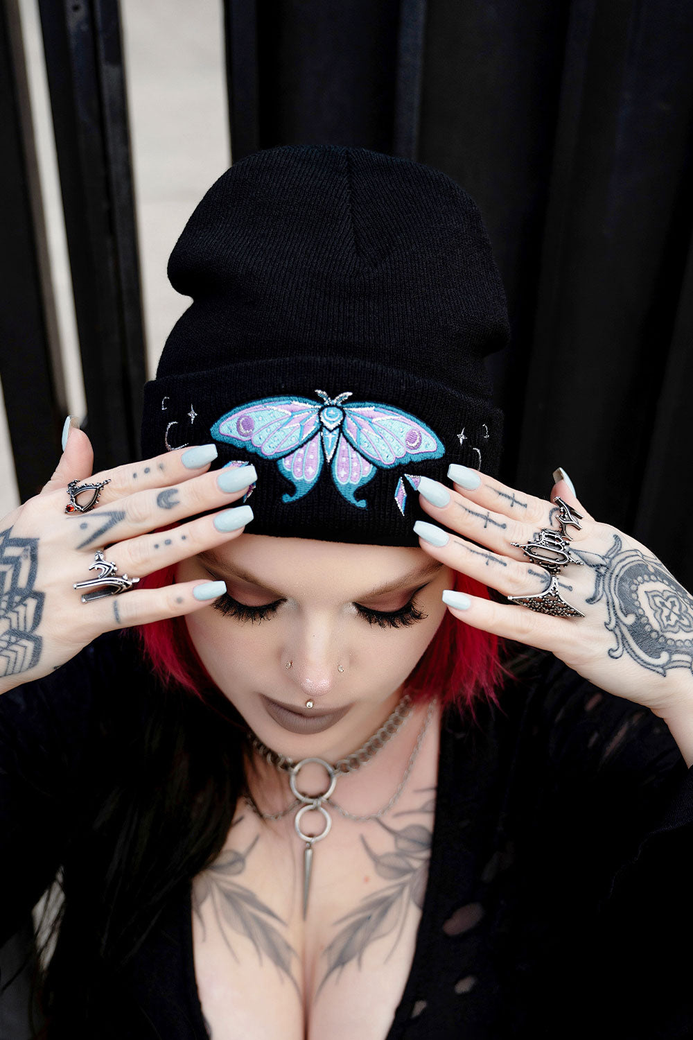 dark fairy luna moth beanie with moons