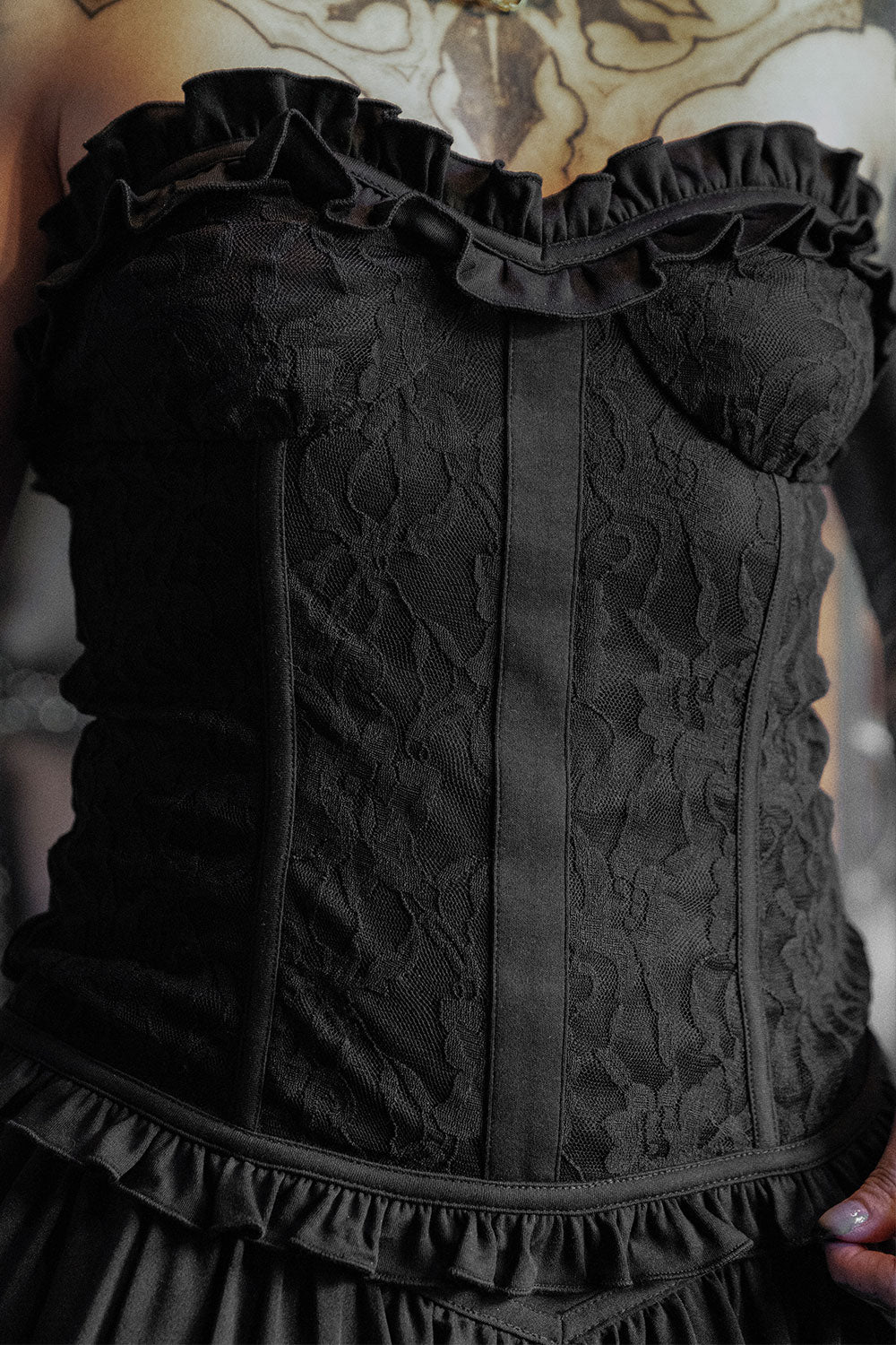 Womens black lace and ruffle bustier top