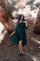 Lively Ghosts dark green womens dress with ruffle neckline