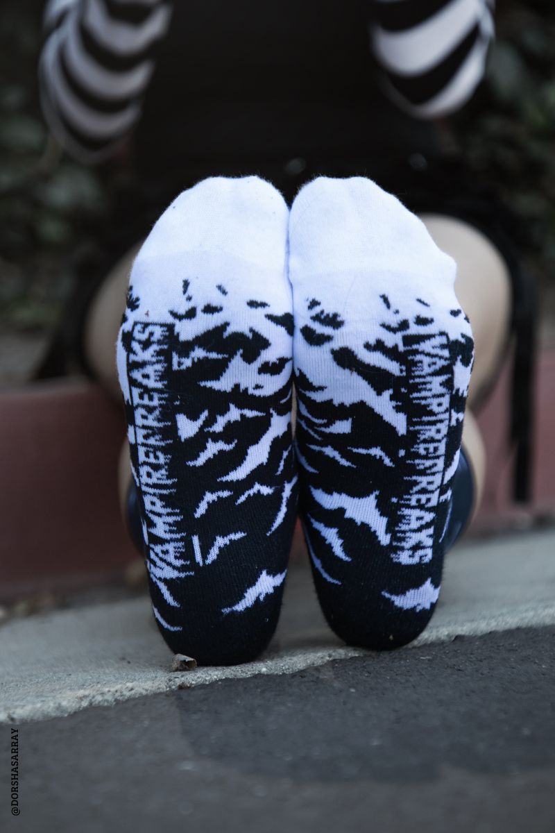 spooky goth black and white knitted bat socks 