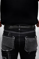 authentic genuine real leather black pyramid studded punk belt worn by a man with tattoos named @onelowsoul