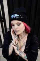 womens fantasy ren faire embroidered dark cottagecore pastel blue and purple dark fairy luna moth beanie