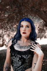 female model with blue hair wearing Armory Corset from Lively Ghosts