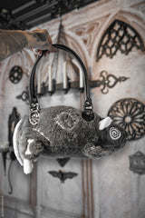 creepy cute grey stitched rat handbag with patches and spiral eyeball