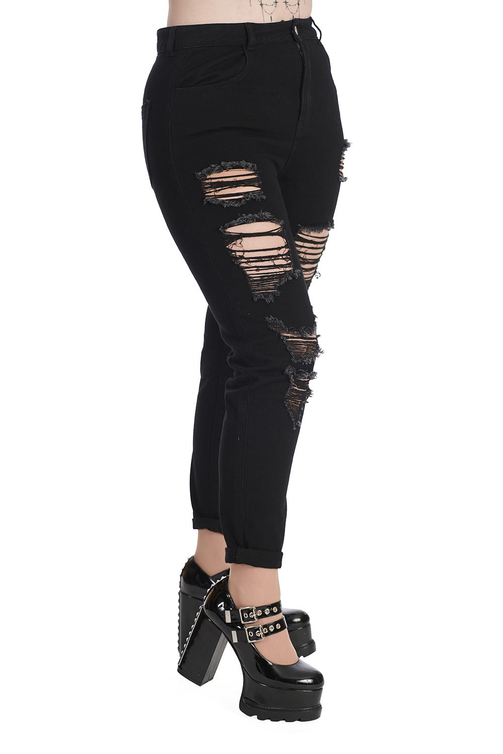 womens cut-out shredded black jeans