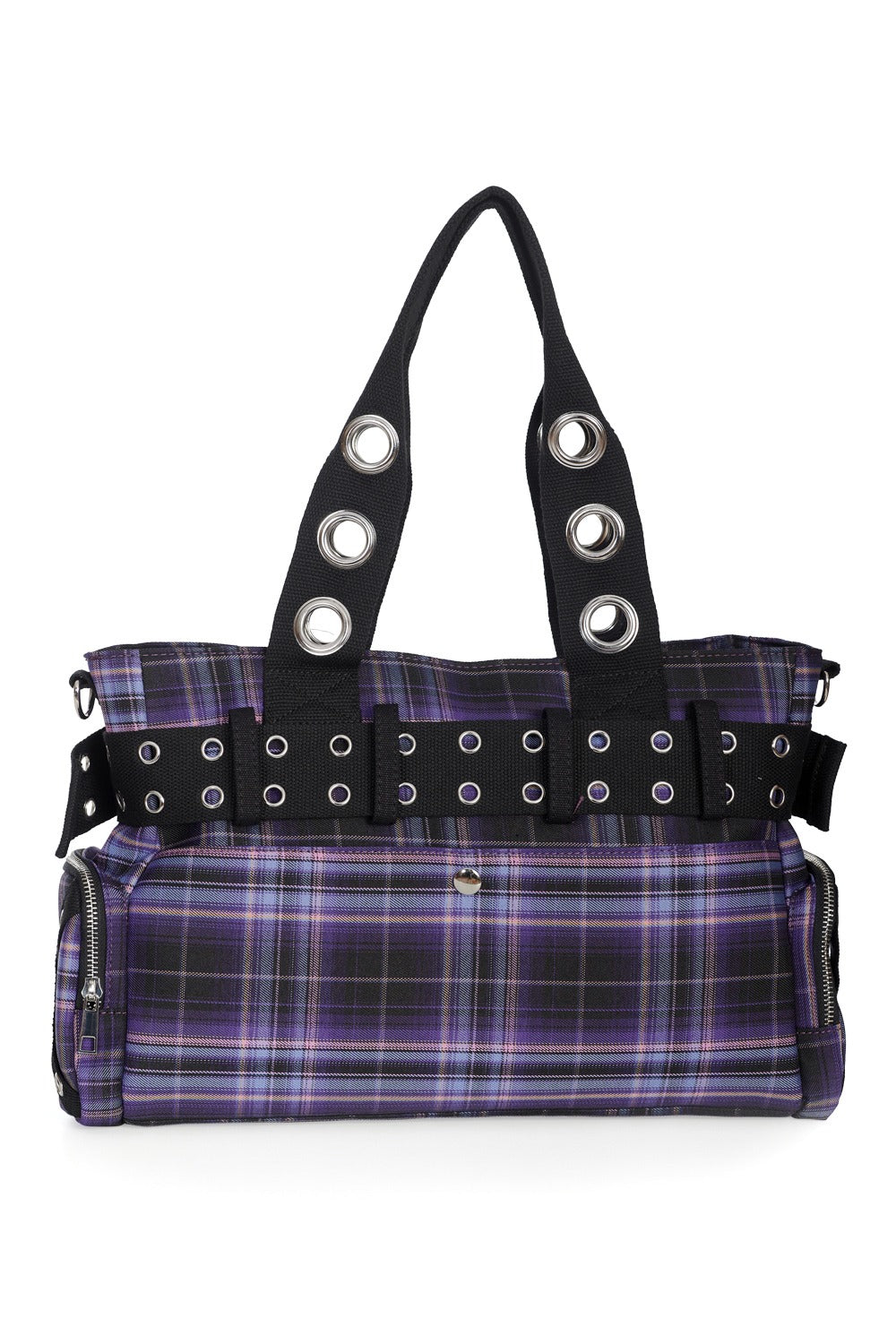 purple plaid punk handbag with lots of pockets