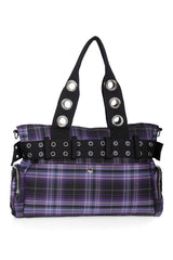 purple plaid punk handbag with lots of pockets