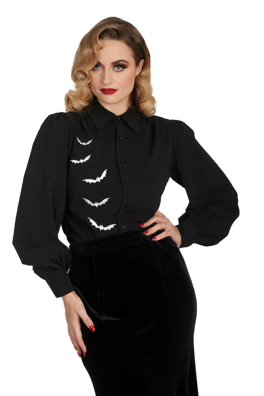 womens vintage goth inspired bat embroidered blouse