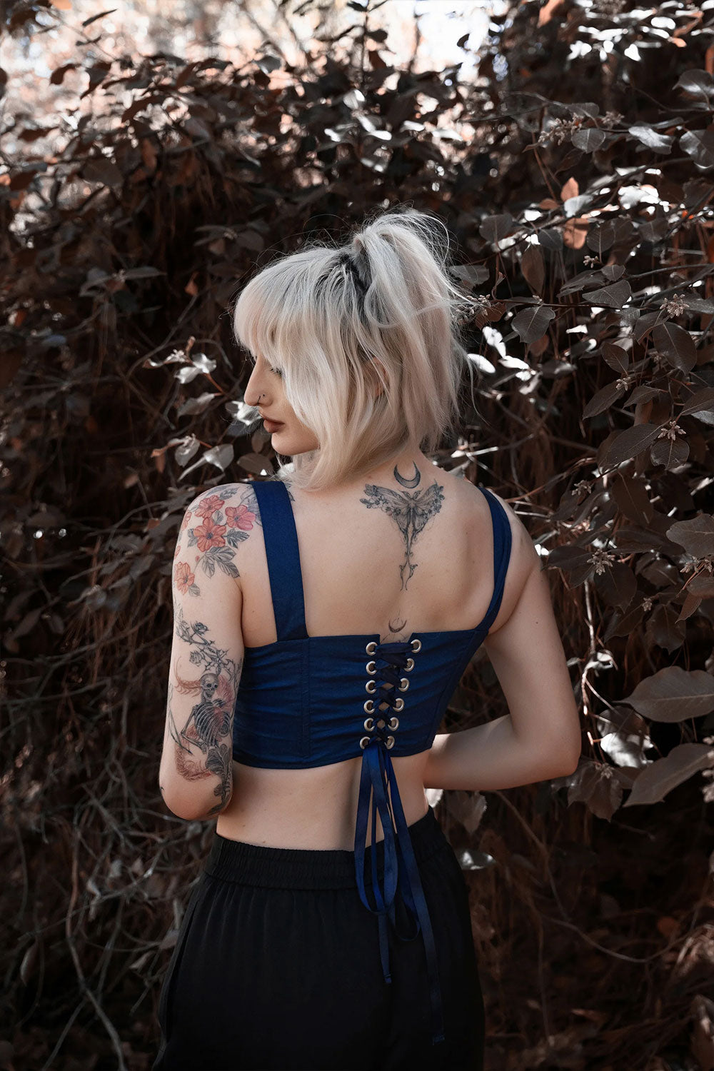 thick strap dark blue lace up corset