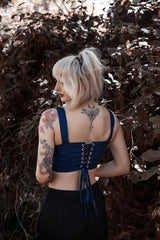 thick strap dark blue lace up corset