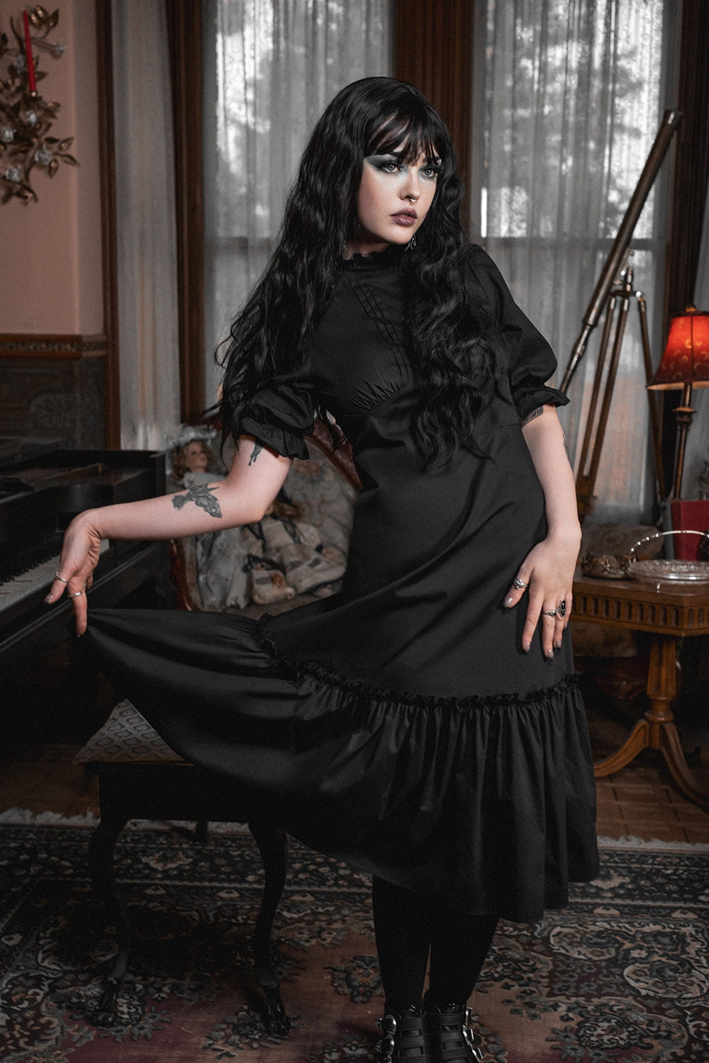 pleated vintage goth high collared ruffle midi dress by lively ghosts  with pockets