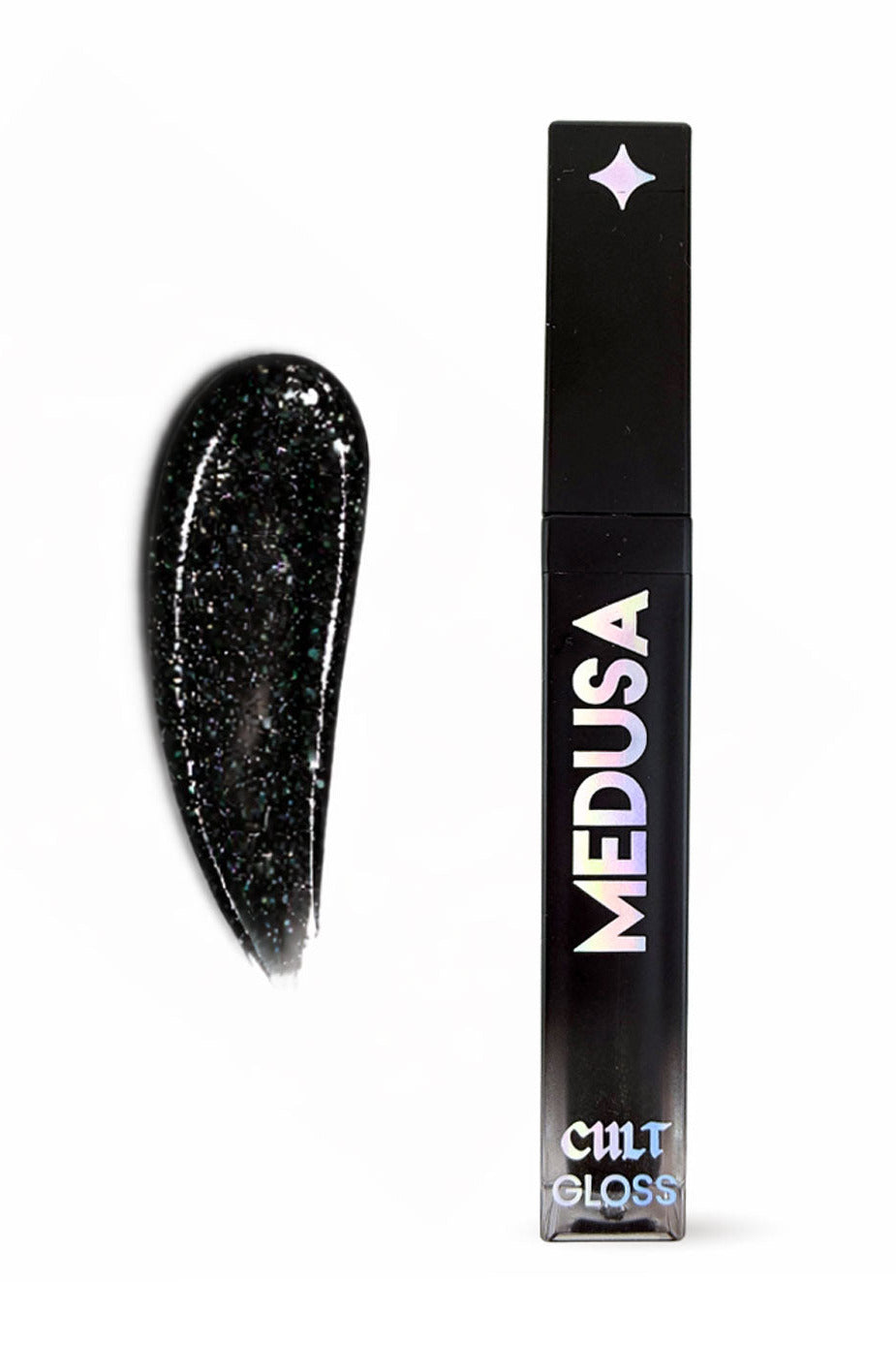 black, high-shine sparkle lip gloss loaded with dazzling, multi-dimensional glitter